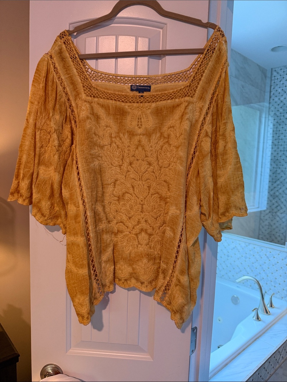 Democracy Golden Mustard Crochet-Trim Knit Tunic